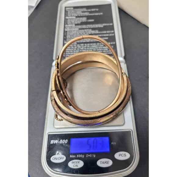 Vintage Gold Tone Bangle Bracelet Lot Set of 3 Ornate Engraved Black Enamel 26 - Picture 11 of 12